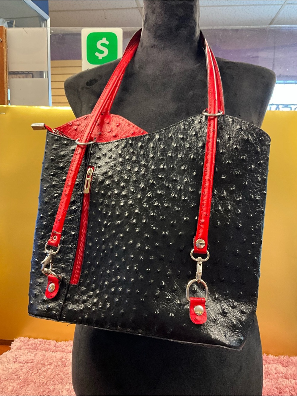 Black and Red Textured Shoulder Tote Bag